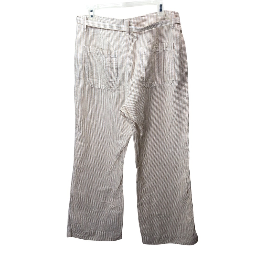 Gap Linen Blend Wide Leg Pant Sz 12 Womens High Rise Belted Pockets Tan Striped - Picture 2 of 5